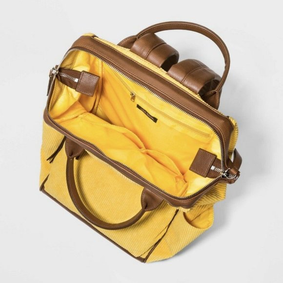 Corduroy Backpack Zip Closure Yellow - Picture 6 of 8